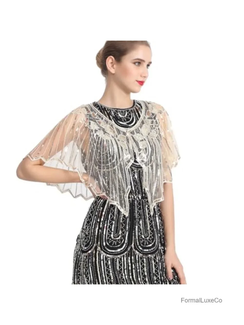 1920s Sequin Beaded Evening Cape Bolero Flapper Cover Up Wrap Shawl